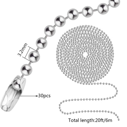 Beaded Pull Chain Extension with Connector, 20 Feet Beaded Roller Chain with 30 Connectors for Ceiling Fan Light Lamp (3.2Mm, Silver)