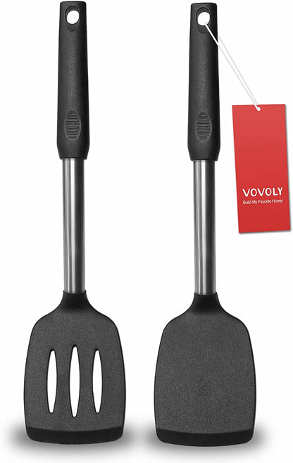 Professional Silicone Spatula Set - 2 Pack with Solid & Slotted Designs, Stainless Steel Handles, Non-Stick, Heat Resistant for Cooking Fish, Eggs, Pancakes, and Wok - Black