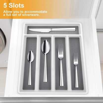 Silverware Organizer, Plastic Cutlery Flatware Tray for Drawer, Utensil Tableware Holder/Divider for Kitchen with 5 Compartment & Non-Slip Rubber Grips, 12.6 X 11.4-Inch, Grey