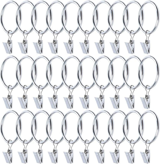 30-Pack Durable Iron Curtain Rings with Clips, 2.5-Inch Diameter, Rustproof Decorative Drapery Hooks - Vintage Silver Finish