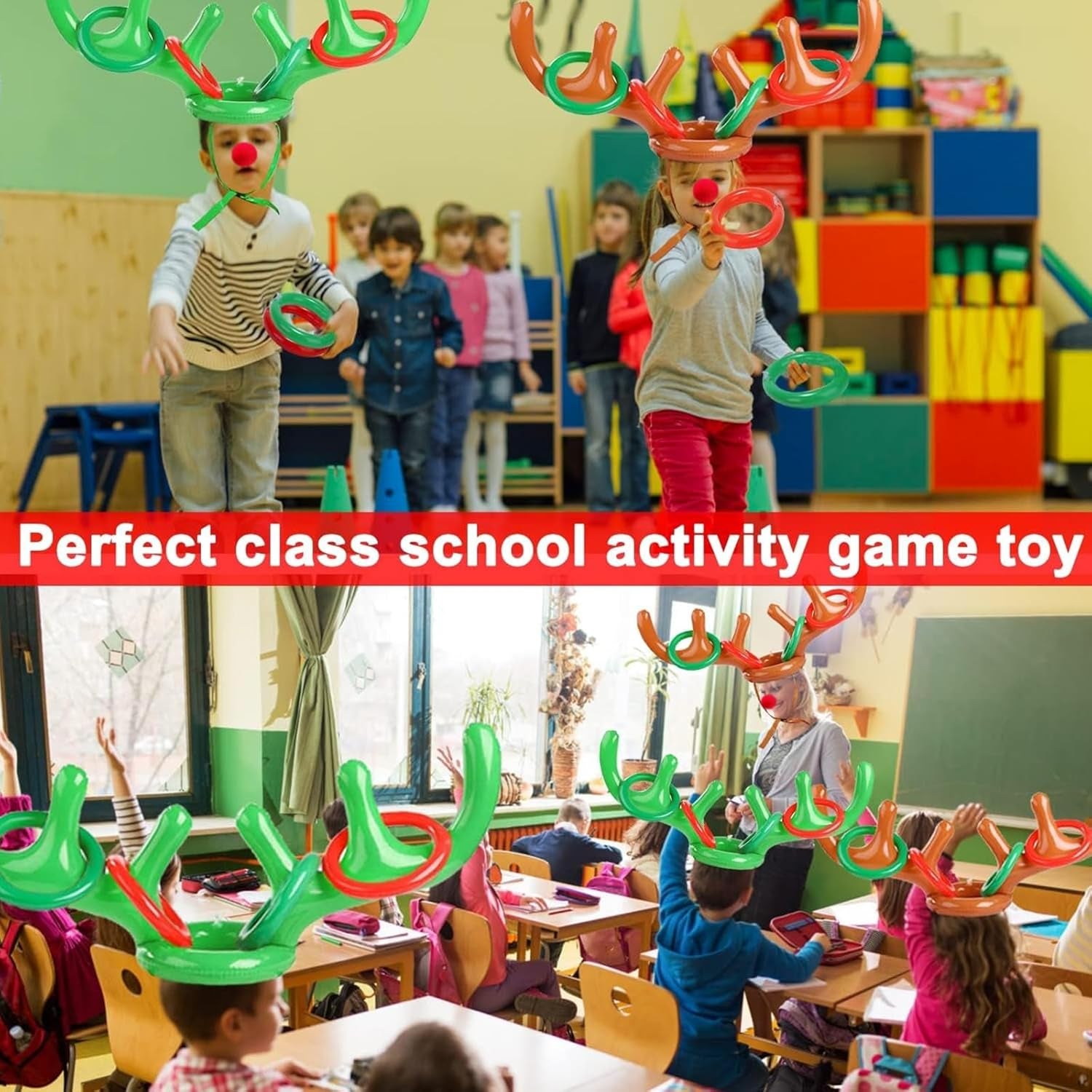 2 Set Christmas Inflatable Reindeer Antler Ring Toss Game Xmas Antler Heandband Toys Christmas Party Game Supplies for School Family Team Game Indoor Outdoor