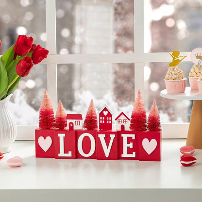 7.50 In. H Valentine'S Wooden House/Brush Trees LOVE Table Decor