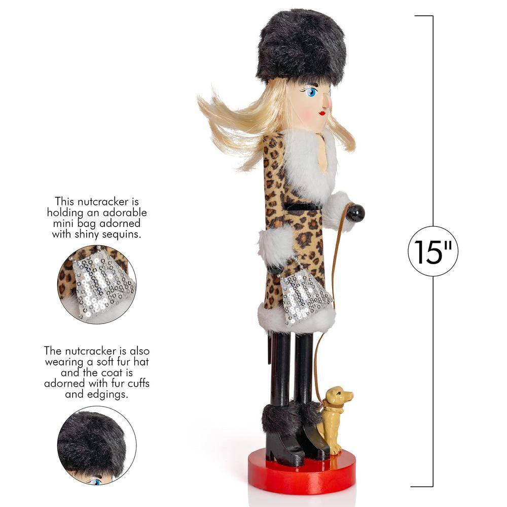 15 In. Wooden Shopping Lady Christmas Nutcracker -Glitter Shopper with Dog Holiday Nutcracker Figure Toy Decorations