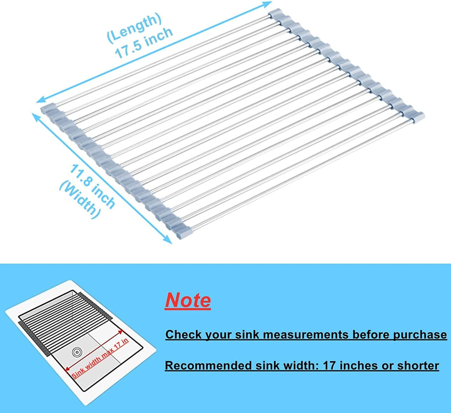 Roll up Dish Drying Rack, over the Sink Dish Drying Rack Kitchen Rolling Dish Drainer, Foldable Sink Rack Mat Stainless Steel Wire Dish Drying Rack for Kitchen Sink Counter Storage 17.5X11.8