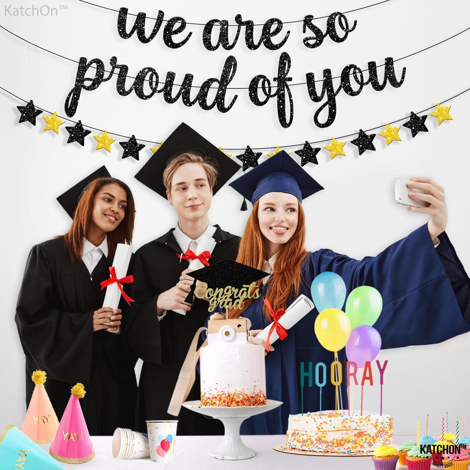 "Glitter 'We Are So Proud of You' Banner - 10 Feet | Elegant Congratulations Banner for Black and Gold Graduation Celebrations, Class of 2024"