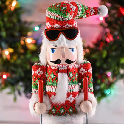 15 In. Wooden Christmas Skier Man Nutcracker -Red and Green Nutcracker Guy with Ugly Sweater and Skis in Skiing Pose