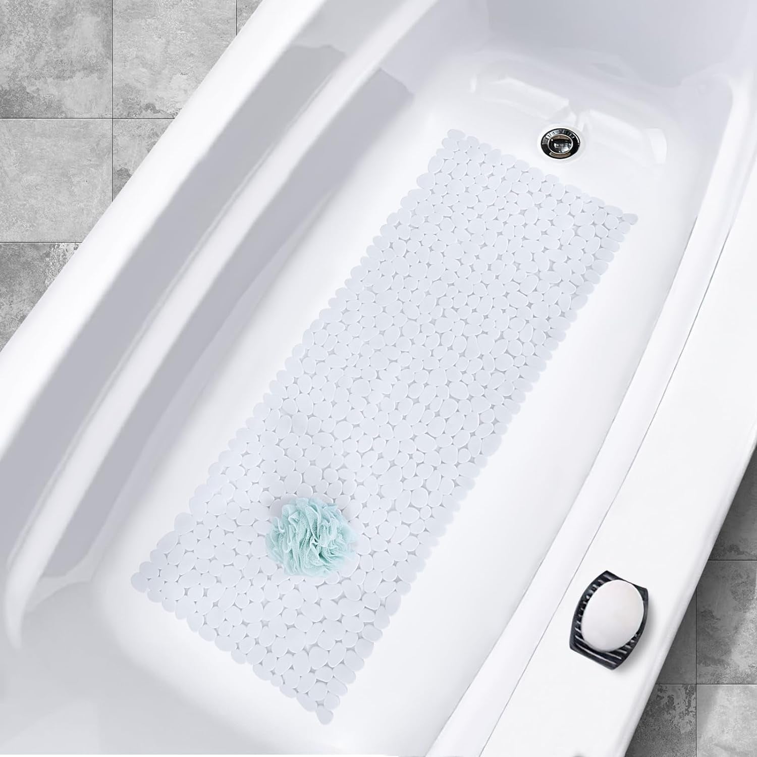 Extra Long Non-Slip Bathtub and Shower Mat - 16 x 40 Inches, White, with Suction Cups and Drainage Holes, Machine Washable