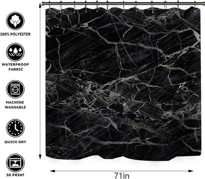 Black Marble Shower Curtain with Bath Rugs Sets, 4 Pcs Gray Marble Patterns Bathroom Décor with Toilet Seat Cover,Soft Mats, Absorbent Pedestal Pads and Shower Curtains + Hooks