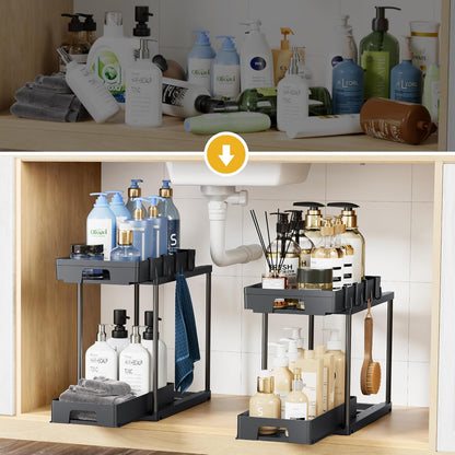 under Sink Organizers and Storage, 2 Pack Pull Out Kitchen Bathroom Cabinet Organizer, 2 Tier Black under Sink Storage for Bathroom Kitchen, under Counter Storage Organizer with 8 Hooks