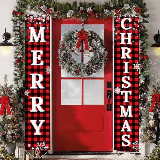 Christmas Decorations Outdoor Yard Front Porch Sign Set, Red Black Buffalo Plaid Door Banner, Hanging Merry Christmas Decorations for Home, Indoor Outdoor Xmas Decor Wall Front Door Yard Garage