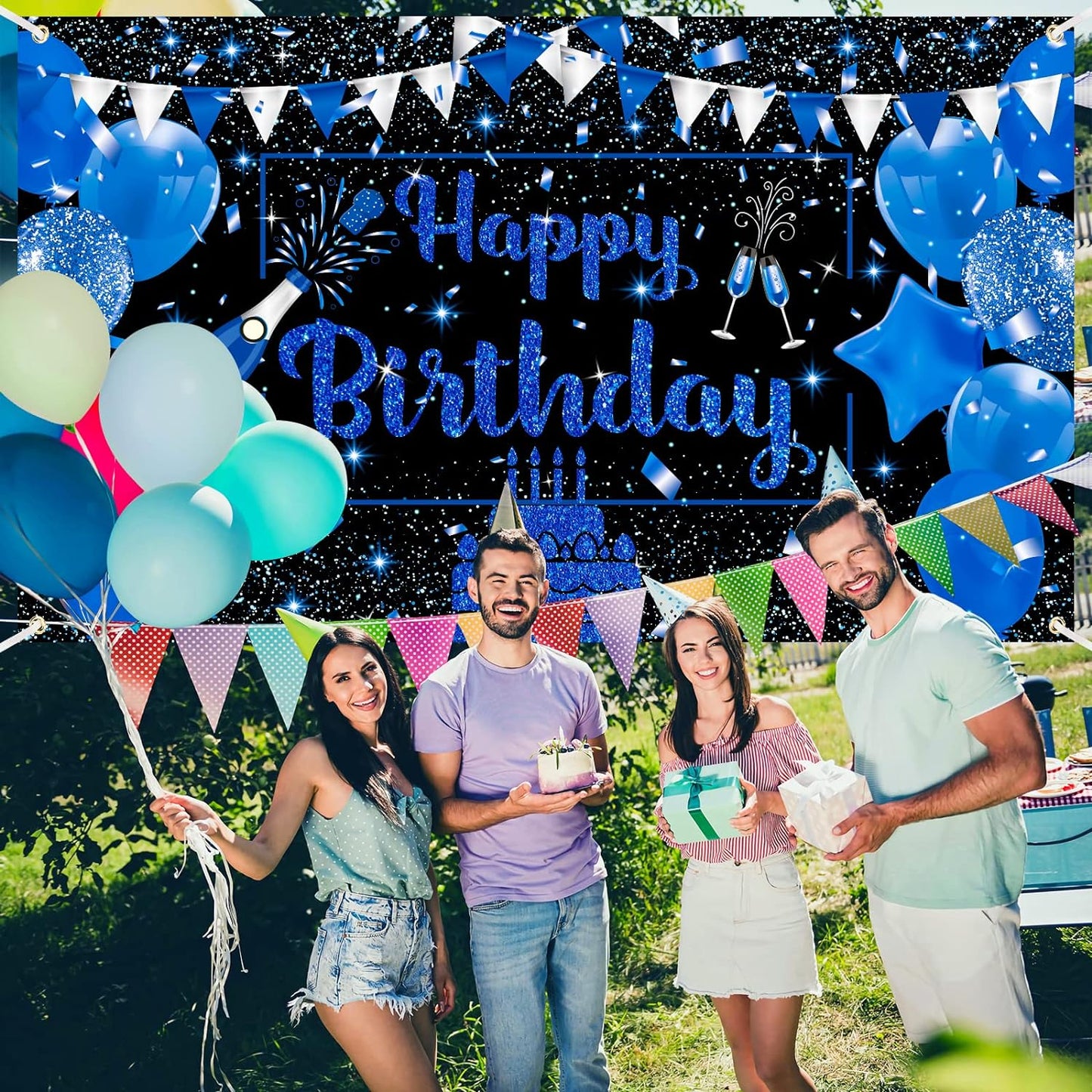 Navy Blue and Black Birthday Banner Decorations - Large Happy Birthday Backdrop for Boys and Girls, Champagne Glass and Balloon Photo Booth Background for Men and Women - 71" x 44" Party Supplies