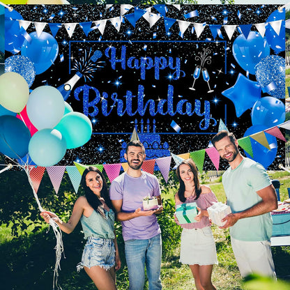 Navy Blue and Black Birthday Banner Decorations - Large Happy Birthday Backdrop for Boys and Girls, Champagne Glass and Balloon Photo Booth Background for Men and Women - 71" x 44" Party Supplies