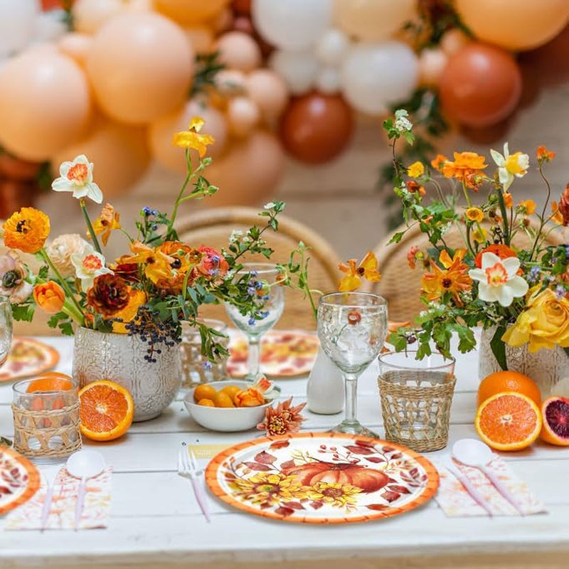 25Pcs Fall Paper Plates - 7 Inch Pumpkin & Sunfloral Disposable Plates Decorative Dinner Plates for Party Tableware Supplies Table Decor