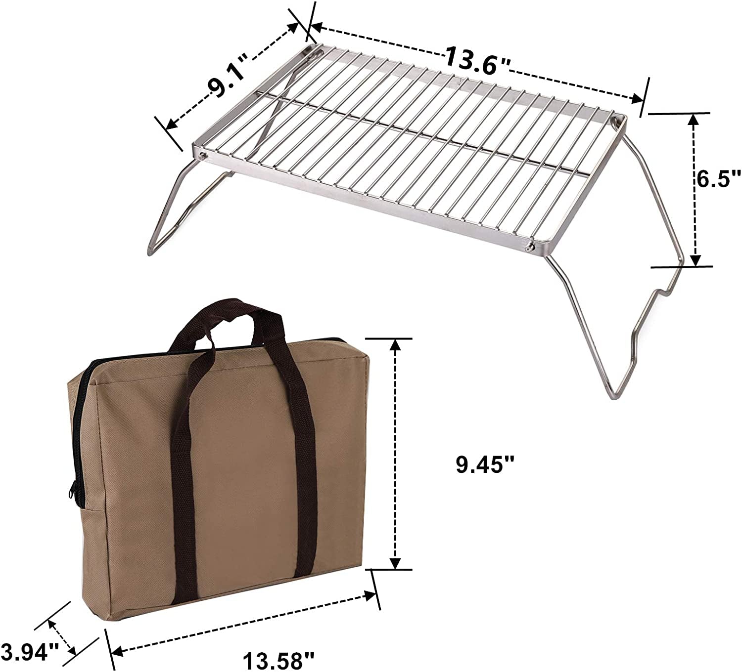 Portable Folding Campfire Grill with Carrying Bag, Heavy-Duty 304 Stainless Steel Barbecue Grate for Outdoor Camping, Picnics, and Backpacking - 13.6" x 9" x 6.5"