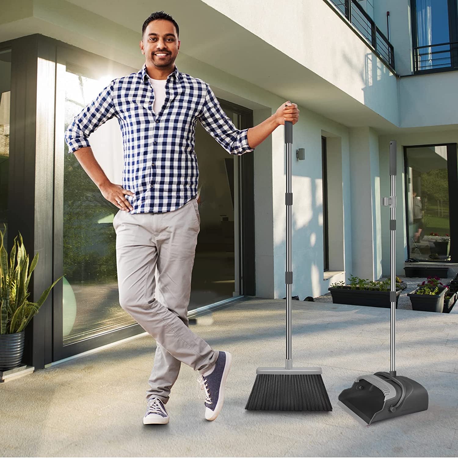 Broom and Dustpan Set for Home, Office, Indoor&Outdoor Sweeping, Stand up Broom and Dustpan (Black&Gray)