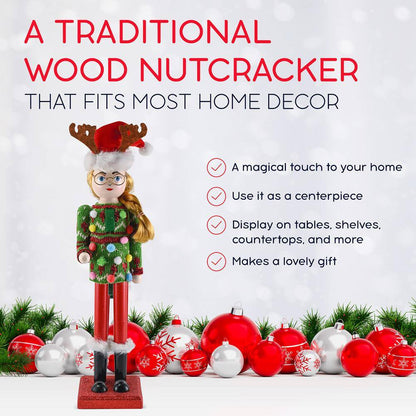 15 In. Wooden Christmas Ugly Sweater Nutcracker -Red and Green Nutcracker Girl with an Ugly Sweater and Reindeer Hat