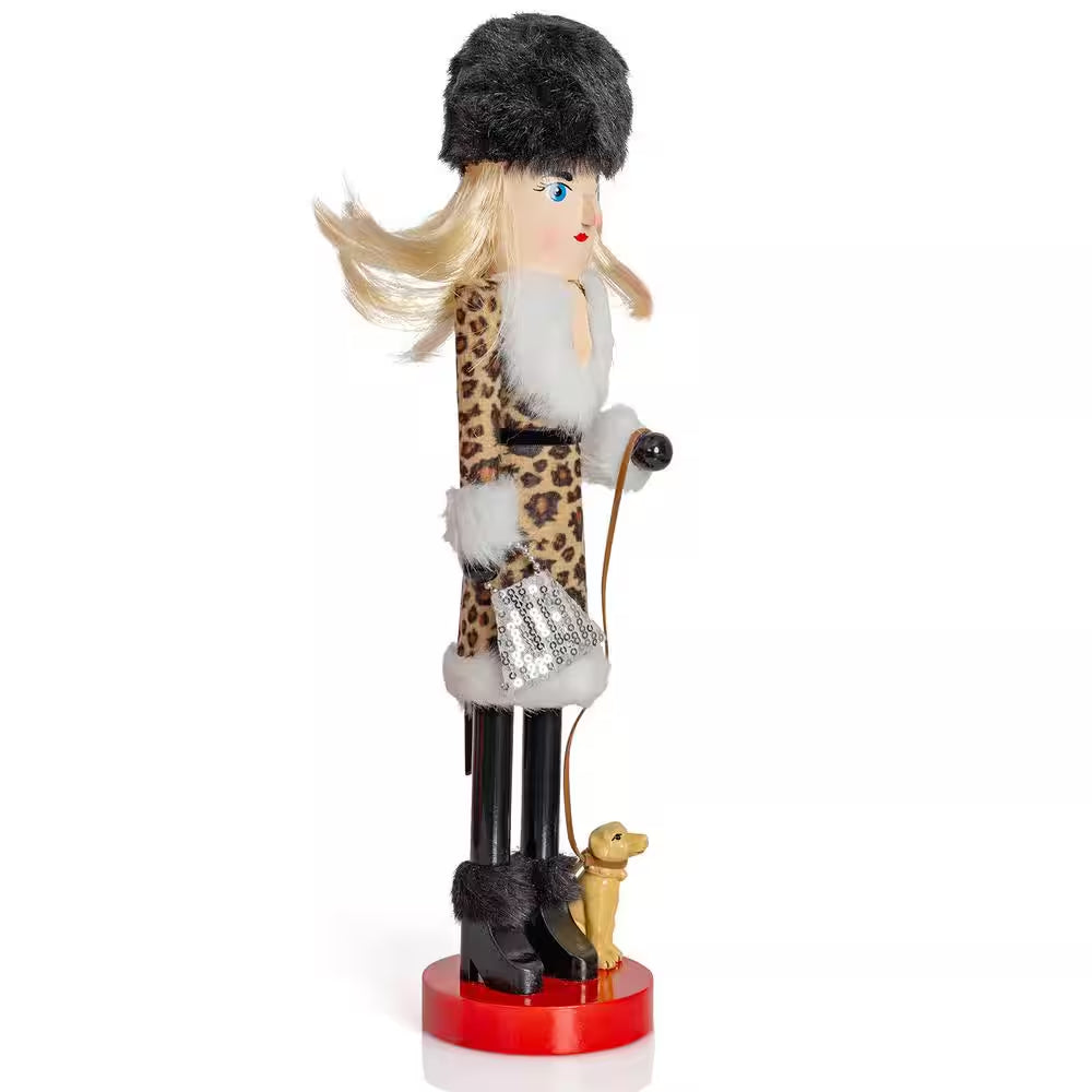 15 In. Wooden Shopping Lady Christmas Nutcracker -Glitter Shopper with Dog Holiday Nutcracker Figure Toy Decorations