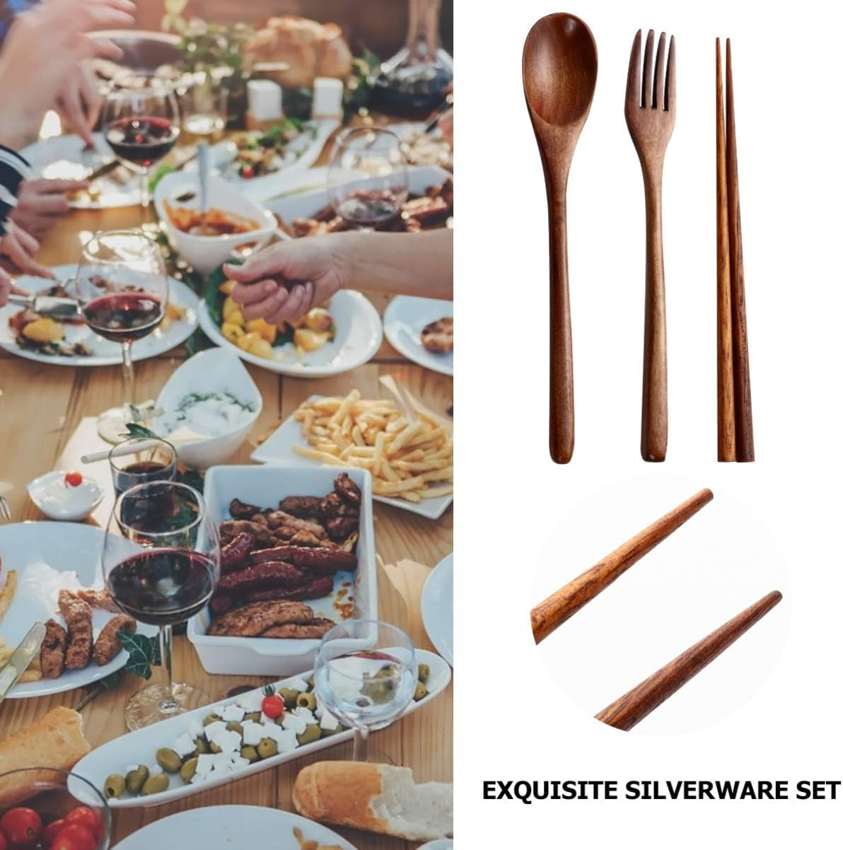 6 Pcs Wooden Flatware Tableware Cutlery Set Travel Utensils Wooden Fork Spoon Chopsticks Reusable Flatware Utensils for Kitchen Dinning Table