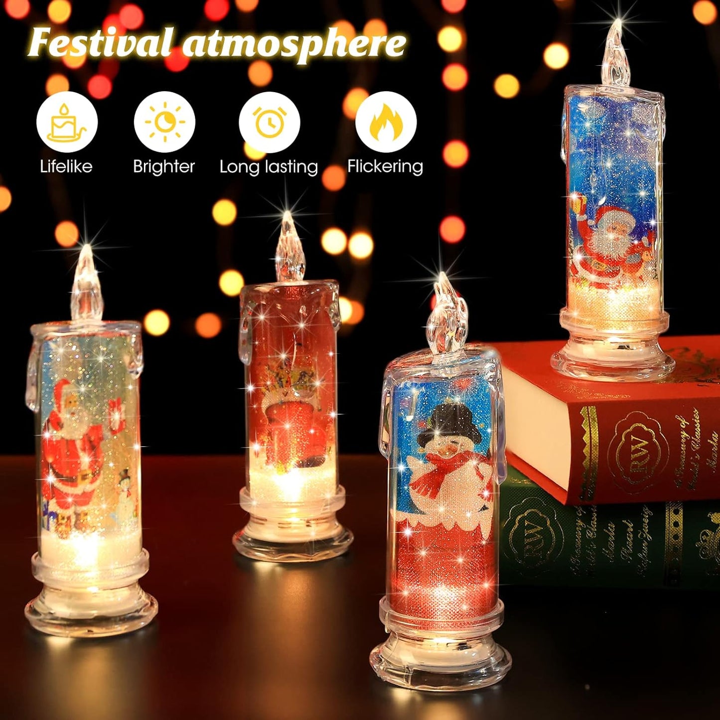 Christmas Flameless Candles with Santa Claus, Snowman,Decals Set of 4, Battery Operated Christmas Themed LED Candles for Festival Gift Christmas Decorations