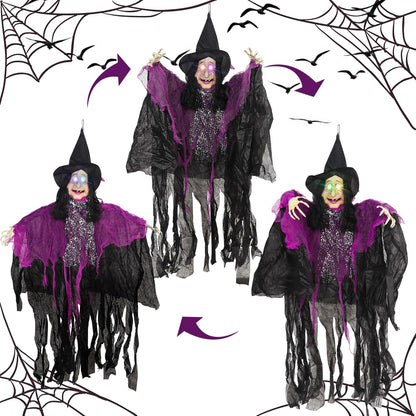 47" H Halloween Hanging Witch Prop, Life-Size Voice-Activated Witch with Eerie Sound & Eyes Glow Colorful Lights for Haunted House Yard Porch Trees Entrance Magic Parties Decor