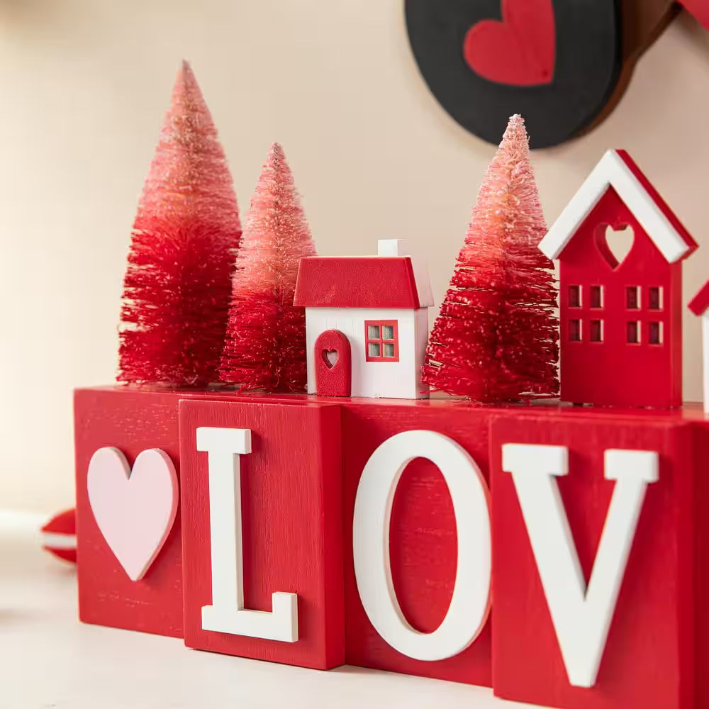 7.50 In. H Valentine'S Wooden House/Brush Trees LOVE Table Decor