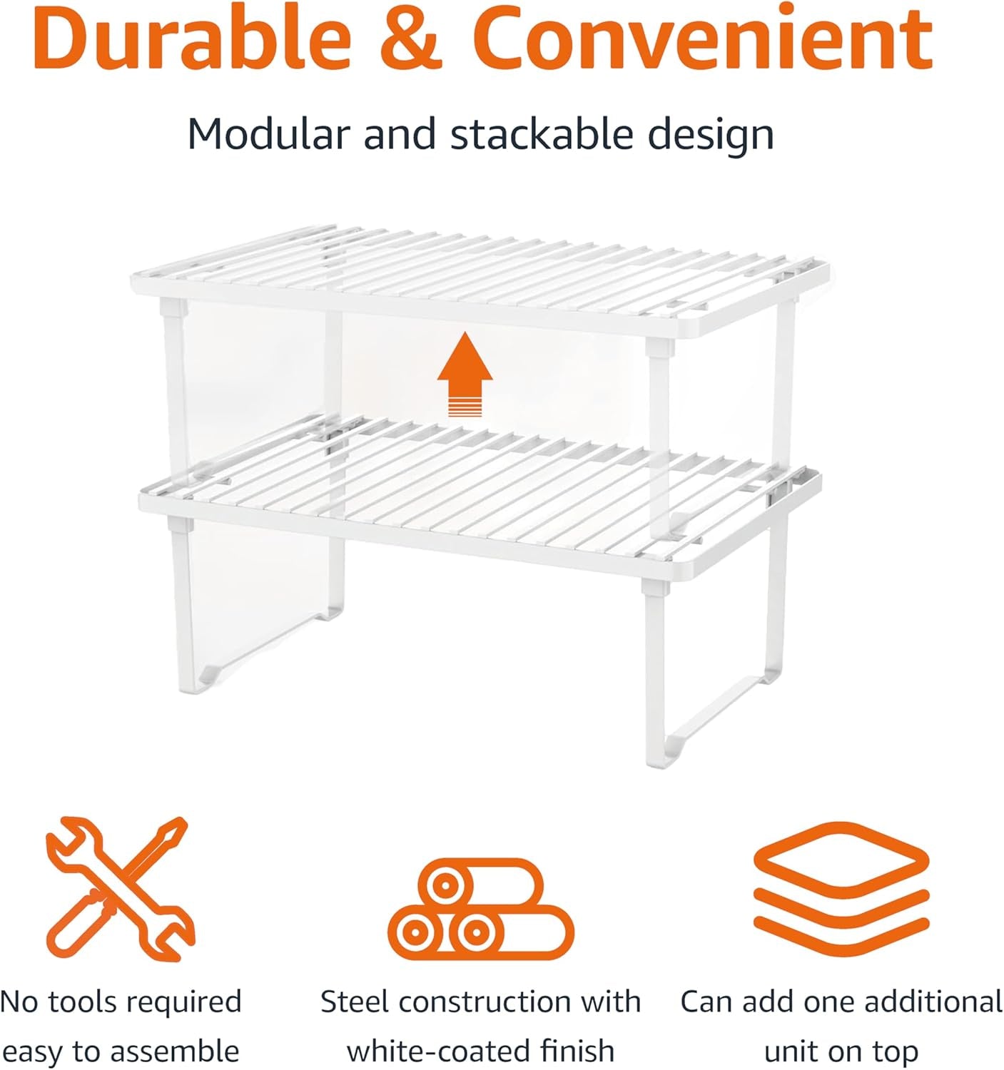 Stackable Metal Kitchen Storage Shelves, Set of 2 - White, 12.5" L X 8" D X 4.5" H