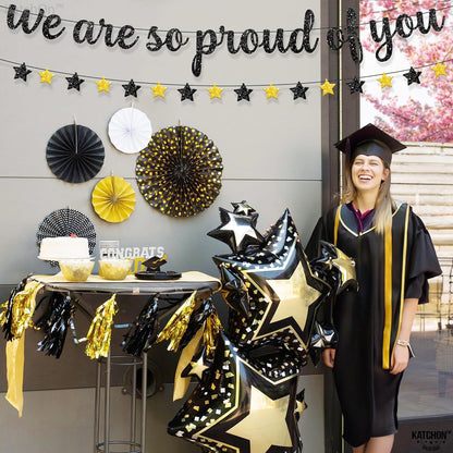 "Glitter 'We Are So Proud of You' Banner - 10 Feet | Elegant Congratulations Banner for Black and Gold Graduation Celebrations, Class of 2024"