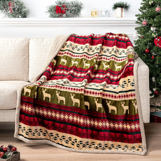 Premium Christmas Blanket Sherpa Fleece Throw| Plush Christmas Decoration, Reindeer, Cozy Reversible Winter Holiday Cabin Blanket for Sofa Couch 50X60