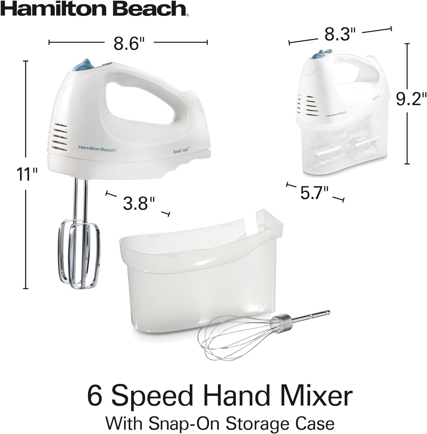 6-Speed Electric Hand Mixer with Whisk, Traditional Beaters, Snap-On Storage Case, 250 Watts, White