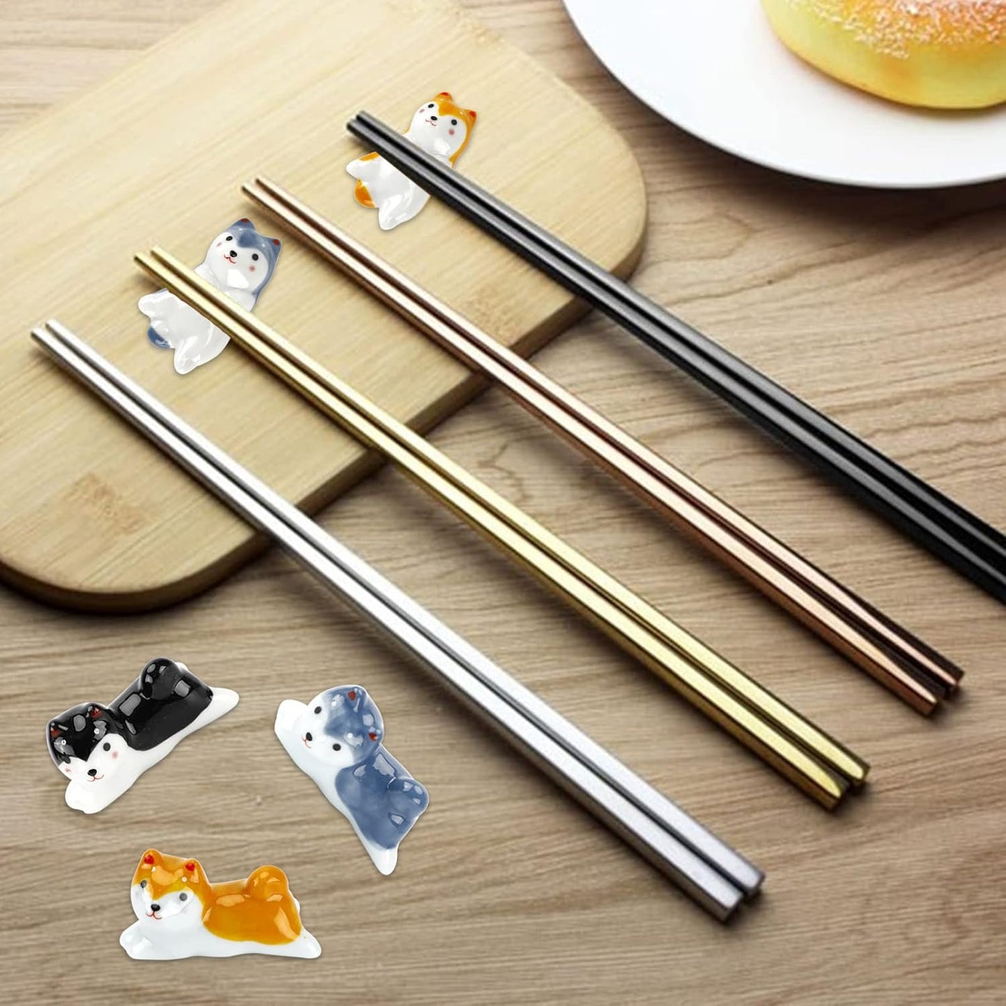 5 Pack Shiba Dog Chopsticks Holder Set Cute Chopsticks Rest Japanese Style Porcelain Spoon Rest Ceramic Chopsticks for Dinner Fork Knife Tableware, Decoration Home Kitchen Gift