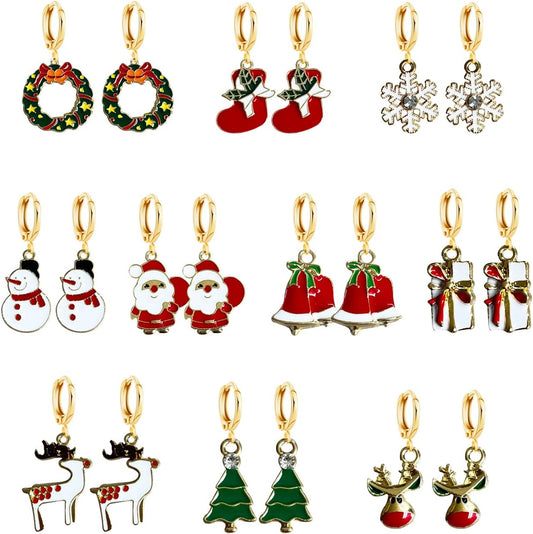 10 Pairs Christmas Hoop Huggie Earrings for Women Christmas Stud Earrings Christmas Trees Bells Snowflakes Earrings for Thanksgiving Xmas Holiday Jewelry