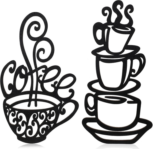 Set of 2 Black Coffee Cup Silhouette Wall Art - Wooden and Metal Decor for Cafés, Kitchens, and Restaurants