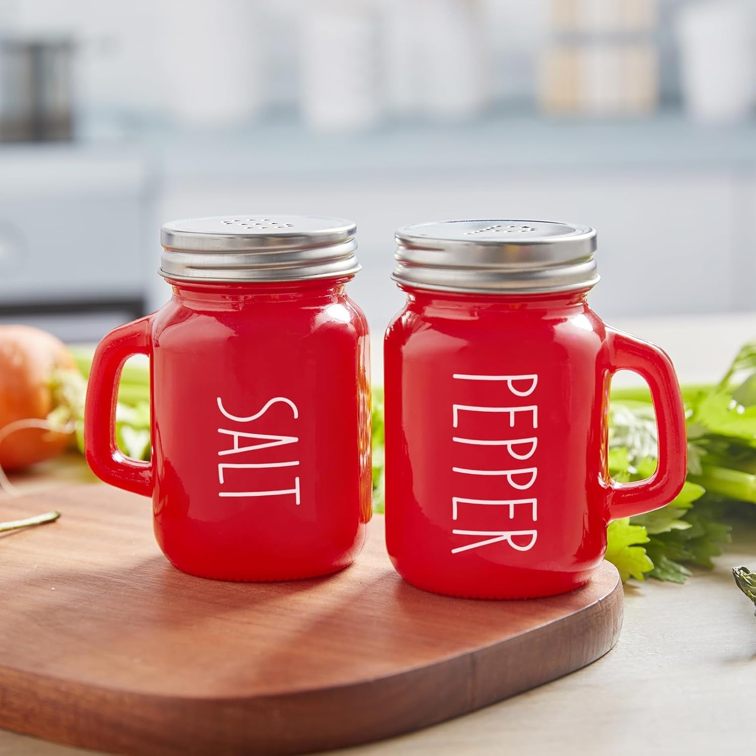 Red Salt and Pepper Shakers Set,  4 Oz Cute Modern Glass Christmas Red Shaker Sets with Stainless Steel Lids, Red Kitchen Decor and Accessories for Home Restaurants Weddings