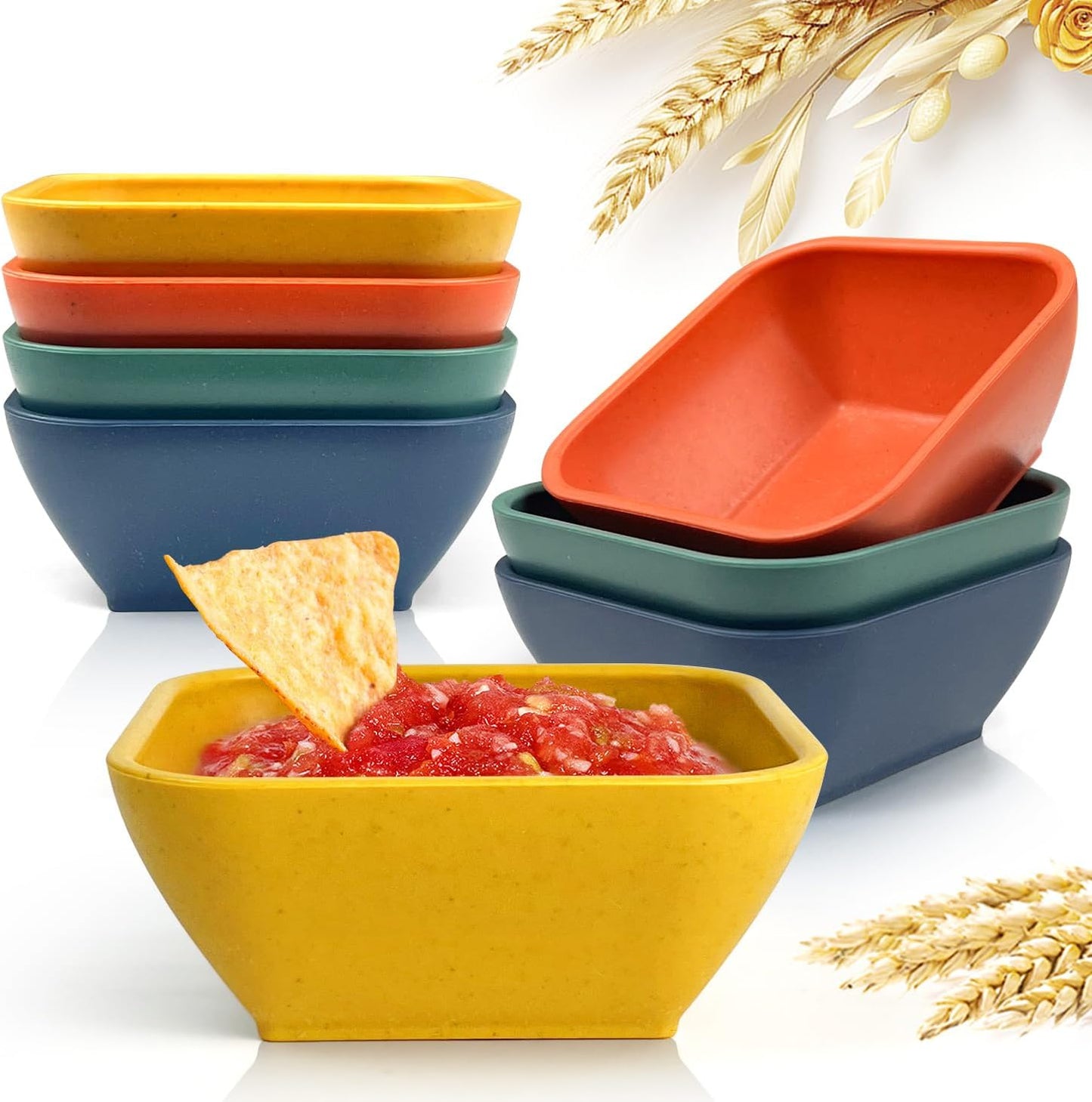 8-Piece Unbreakable Wheat Straw Soy Sauce Dish Set - 3 oz Small Bowls for Dipping, Condiments, and Appetizers - Dishwasher Safe - Autumn Multicolor