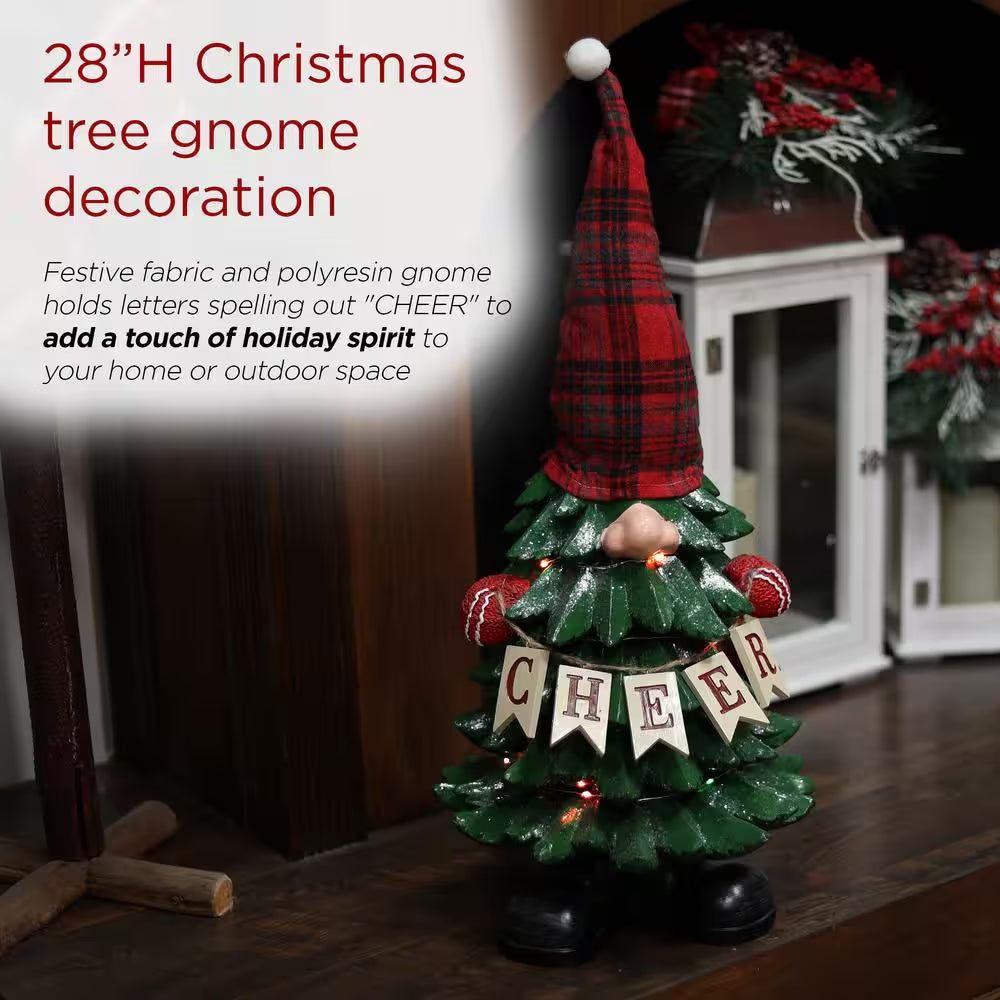 28 In. H Polyresin Christmas Tree Cheer Gnome Decoration with Color Changing LED Lights