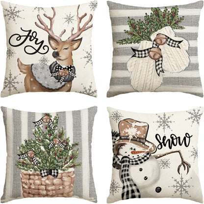 Christmas Snowman Reindeer Gloves Eucalyptus Throw Pillow Covers, 18 X 18 Inch Winter Holiday Stripes Cushion Case Decoration for Sofa Couch Set of 4