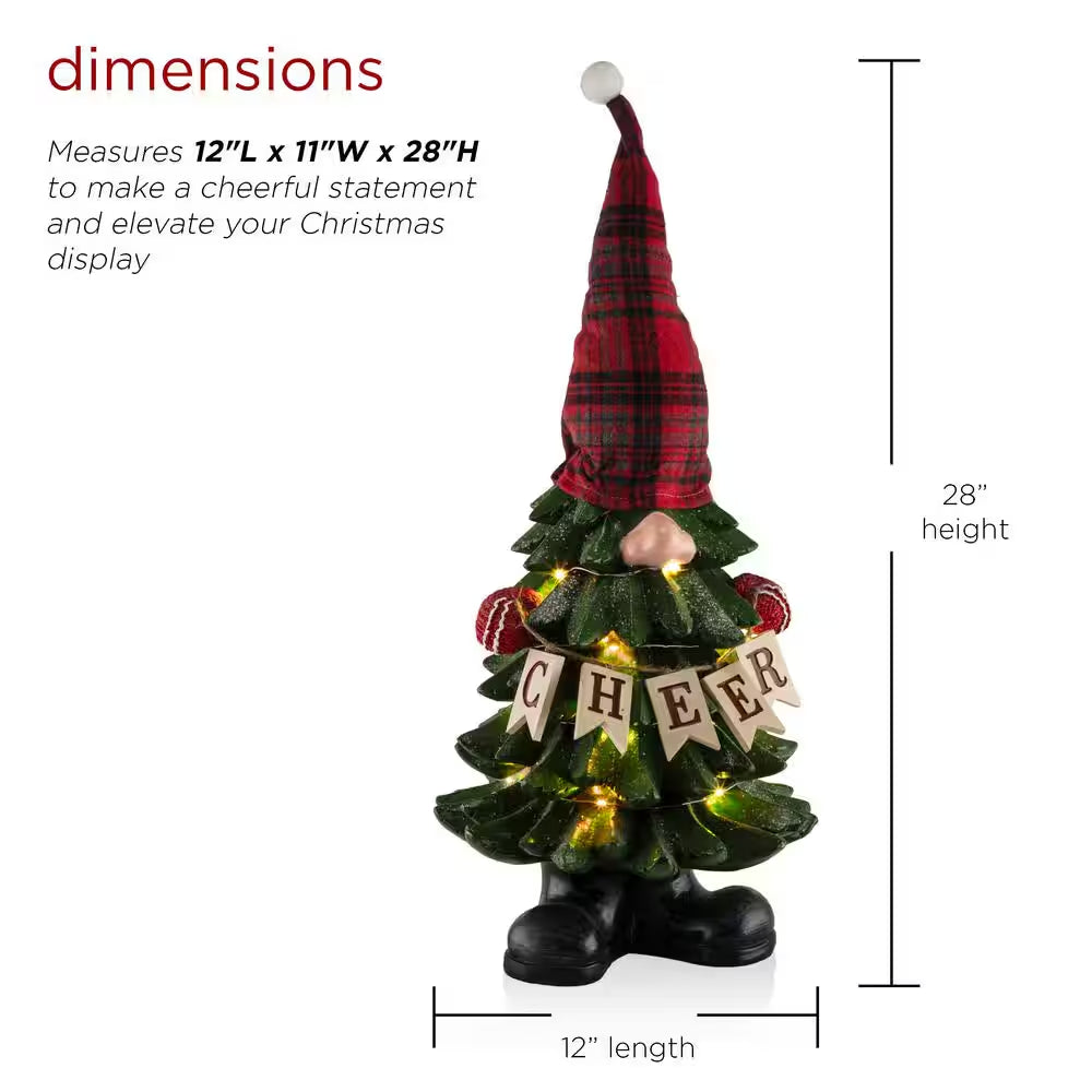 28 In. H Polyresin Christmas Tree Cheer Gnome Decoration with Color Changing LED Lights