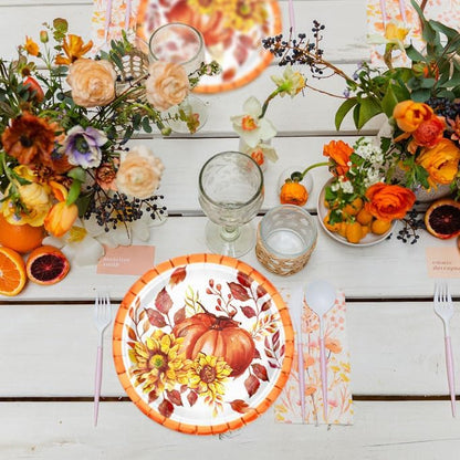 25Pcs Fall Paper Plates - 7 Inch Pumpkin & Sunfloral Disposable Plates Decorative Dinner Plates for Party Tableware Supplies Table Decor