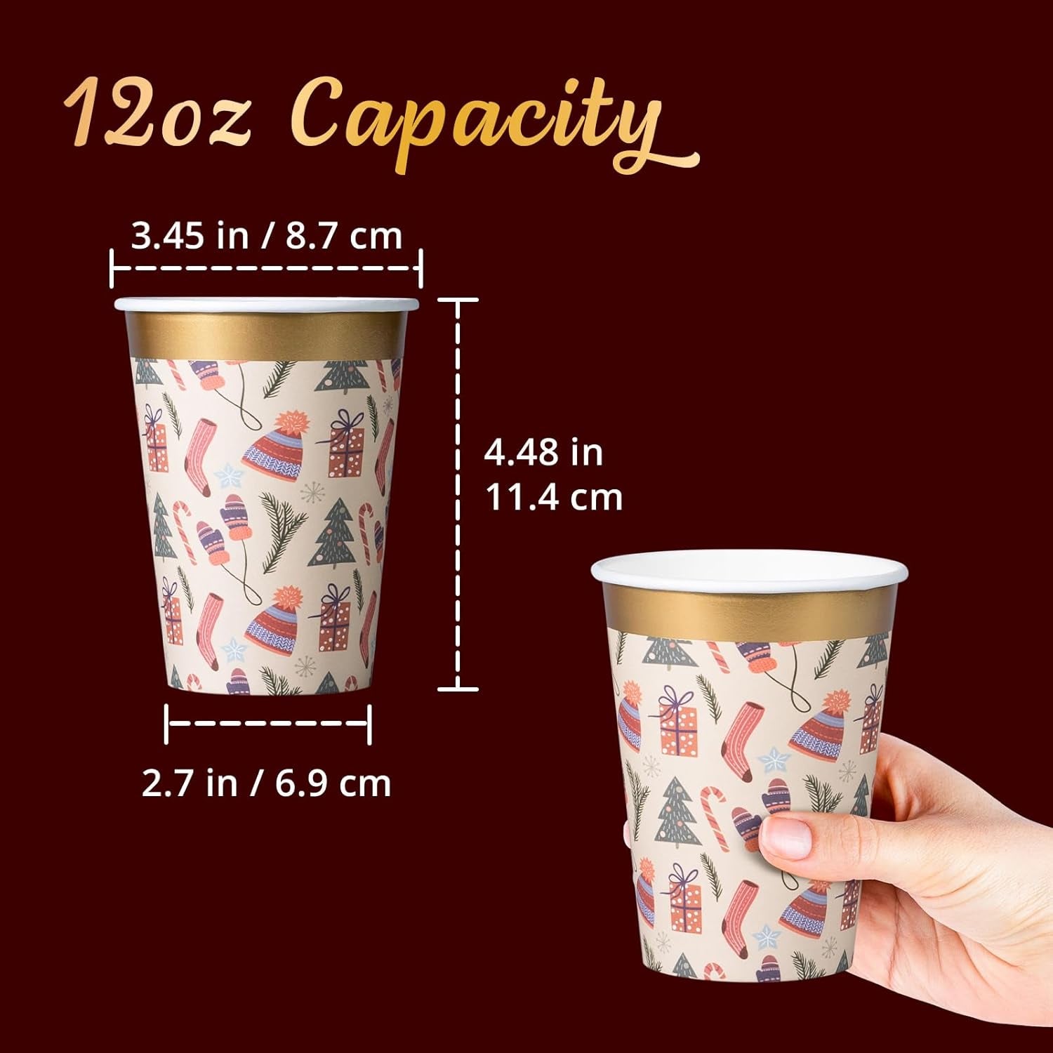 Disposable Paper Coffee Cups, Bulk 50-Pack, Christmas Party Supplies Treat Cups, 12 Oz Hot and Cold Cups for Restaurants and Parties, Christmas Items, Gold Foil