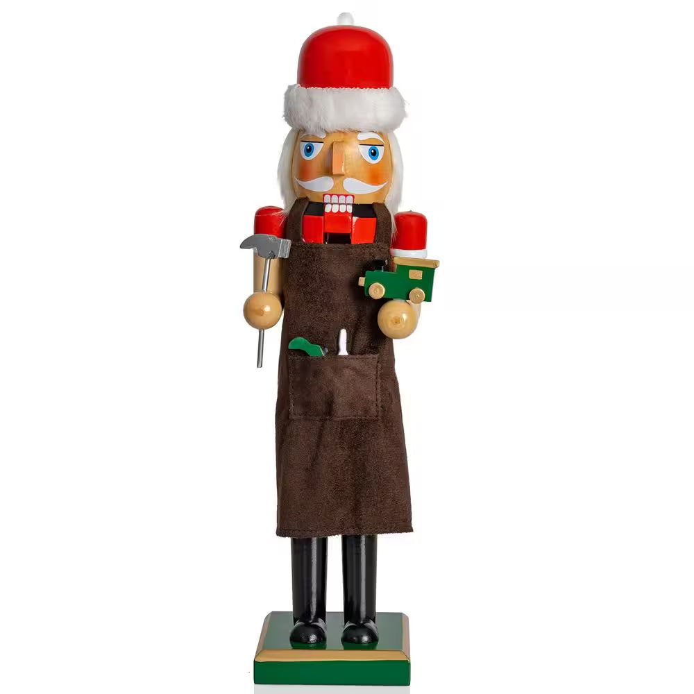 15 In. Wooden Christmas Toy Maker Nutcracker-Red and Green Wood Nutcracker with Brown Apron, Toy Car and Hammer-Holiday