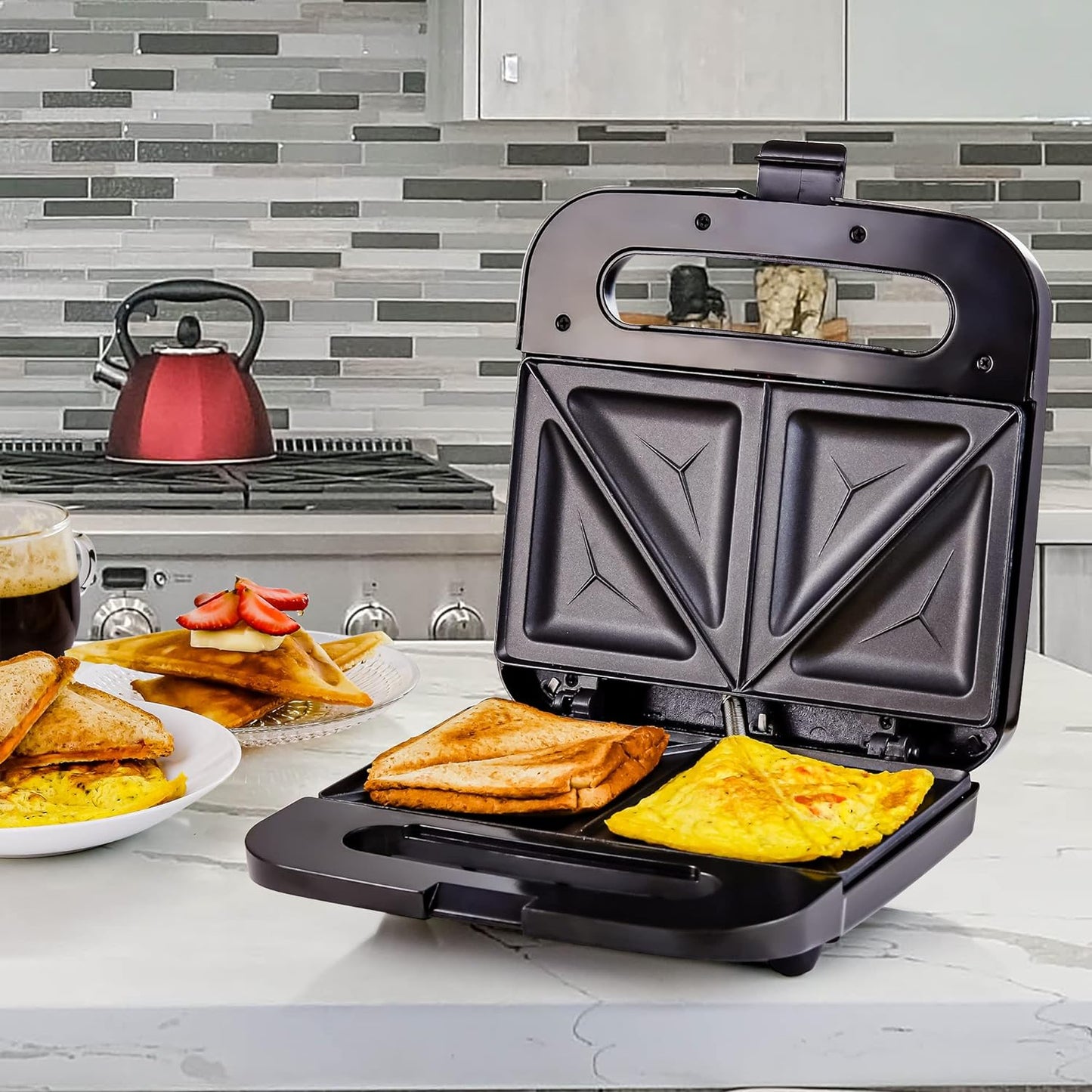 Electric Sandwich Maker with Non-Stick Plates, Indicator Lights, Cool Touch Handle, Easy to Clean and Store, Perfect for Cooking Breakfast, Grilled Cheese, Tuna Melts and Snacks, Black GPS401B