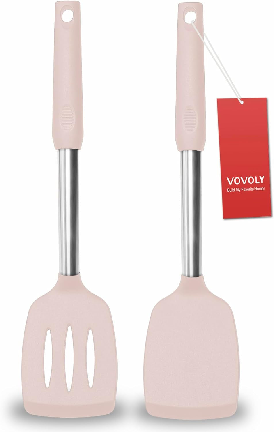 2 Pack Spatulas, Solid & Slotted Silicone Spatula Set, Stainless Steel Handle Coated with Silicone, Non Stick Turners, Heat Resistant Rubber Spatulas for Fish, Eggs, Pancakes, WOK, Pink