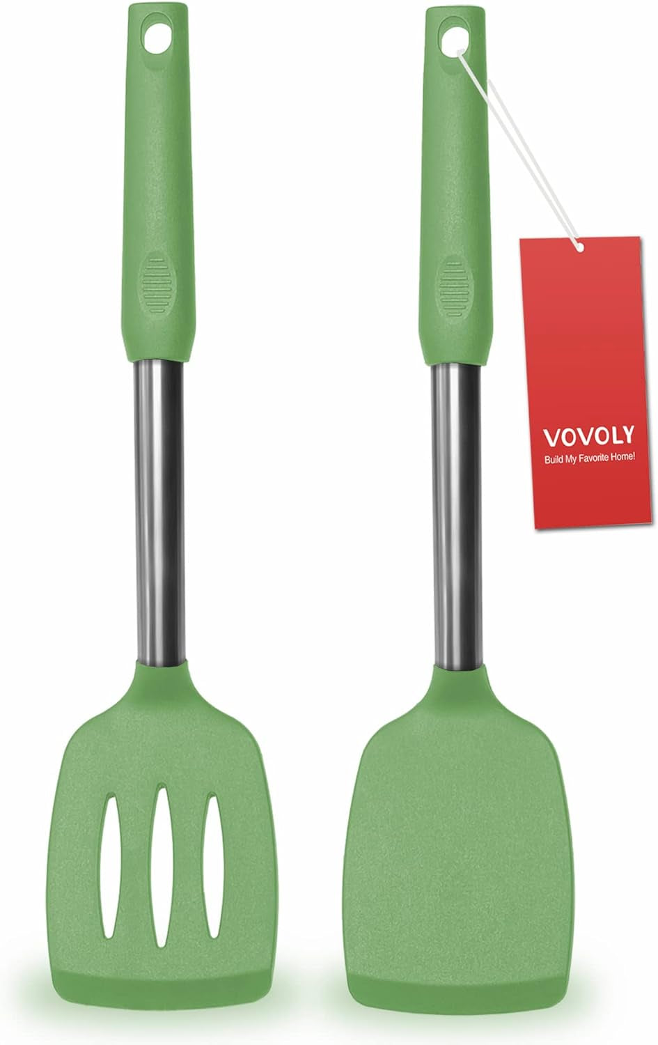 Professional Silicone Spatula Set - 2 Pack with Solid & Slotted Designs, Stainless Steel Handles, Non-Stick Heat Resistant Turners for Cooking Fish, Eggs, Pancakes, and Wok - Green