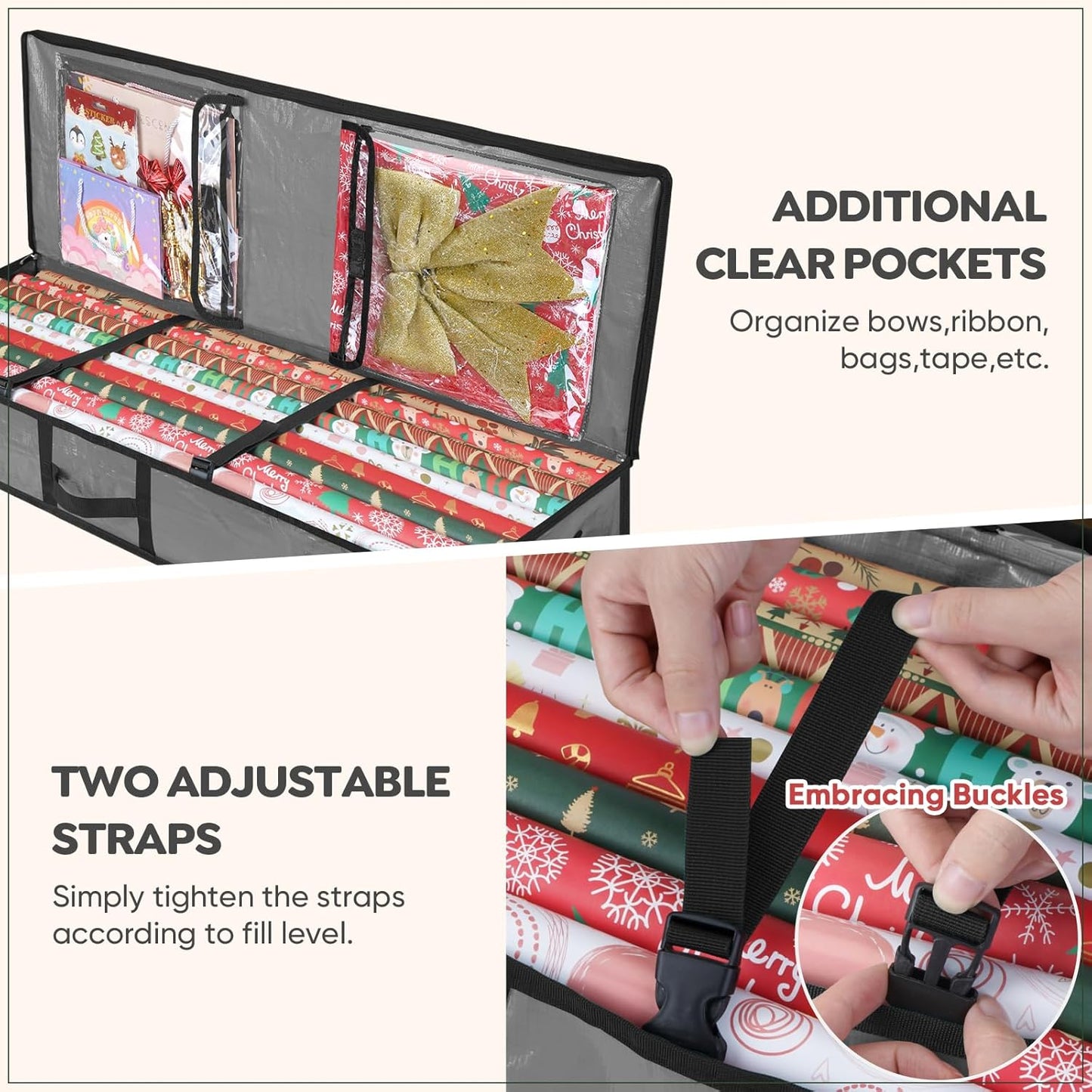 SOFT Christmas Wrapping Paper Storage Bag, 40" Durable PE Gift Wrap Storage Bag with Flexible Partitions and Pockets for Ribbon, Accessories (Grey)