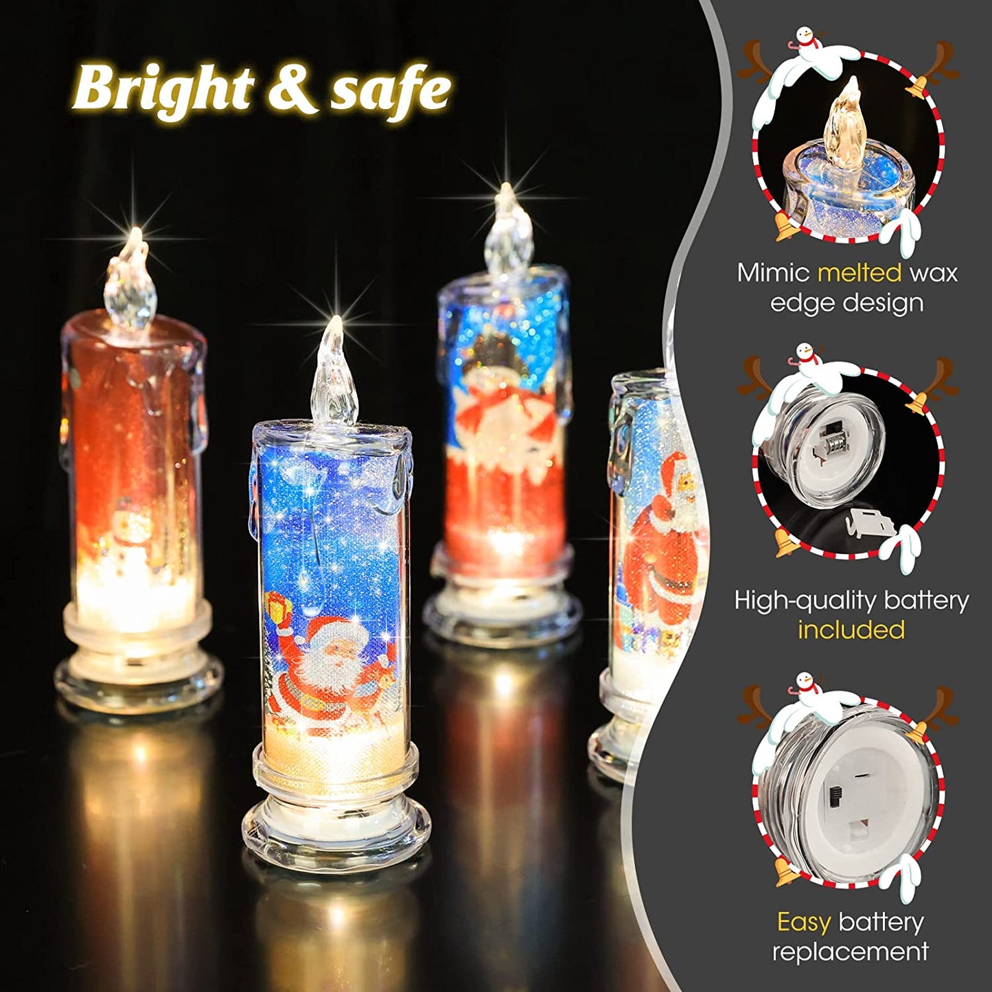 Christmas Flameless Candles with Santa Claus, Snowman,Decals Set of 4, Battery Operated Christmas Themed LED Candles for Festival Gift Christmas Decorations