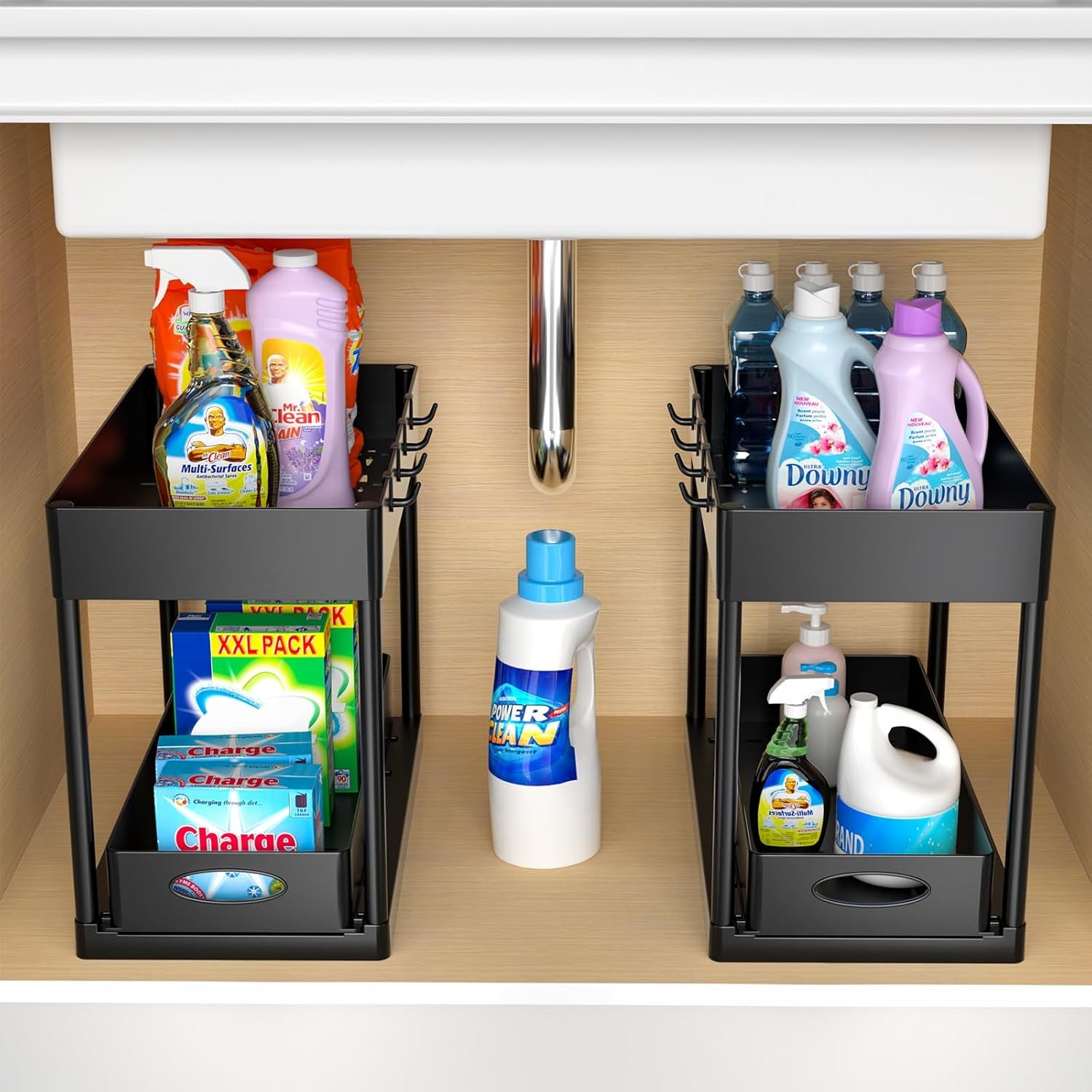 under Sliding Cabinet Basket Organizer, 2 Tier under Sink Organizers Black under Sink Storage for Bathroom Kitchen