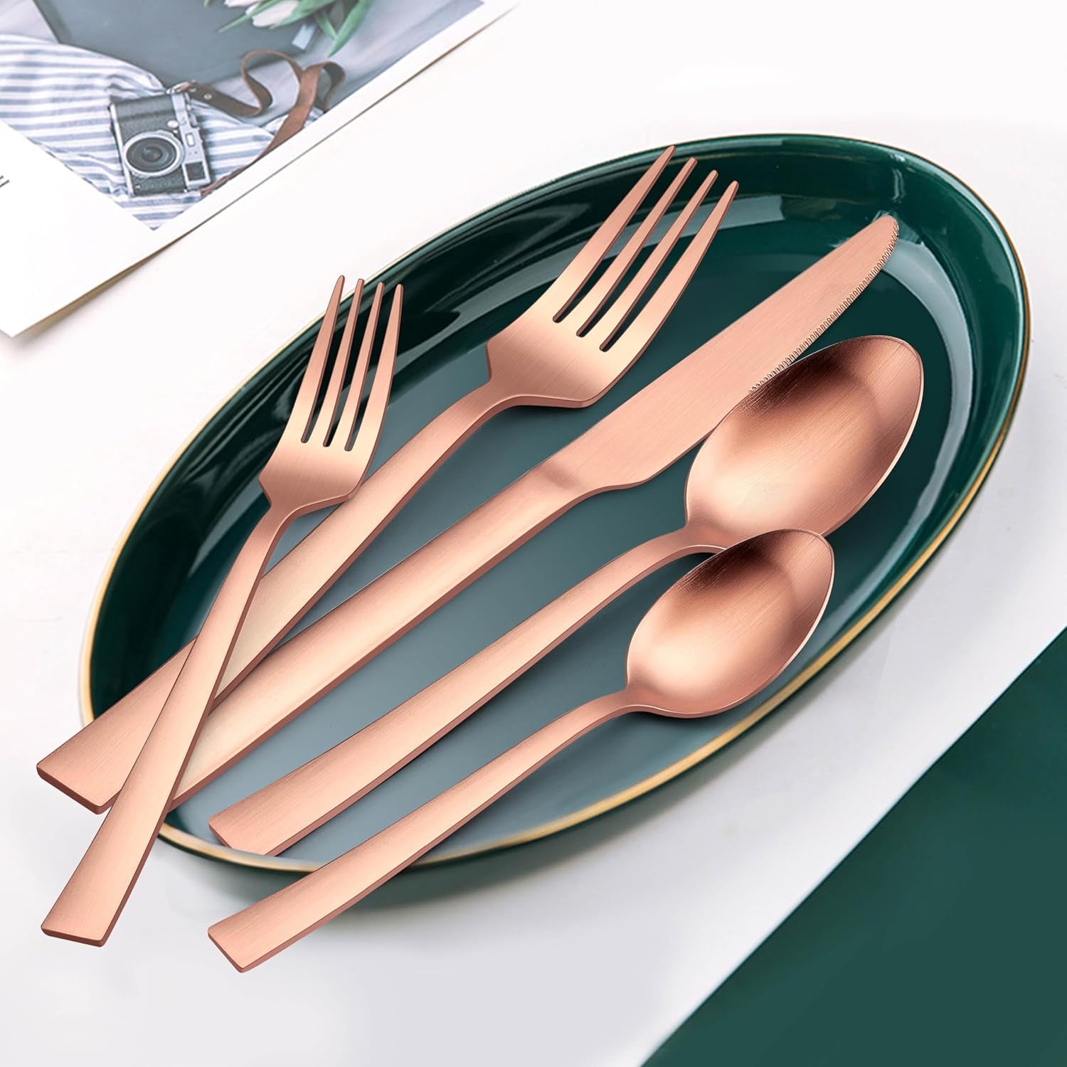 Silverware Set,  20 Pieces Stainless Steel Square Flatware Set for 4, Modern Tableware Eating Utensils for Kitchen, Matte Finish, Dishwasher Safe – Copper