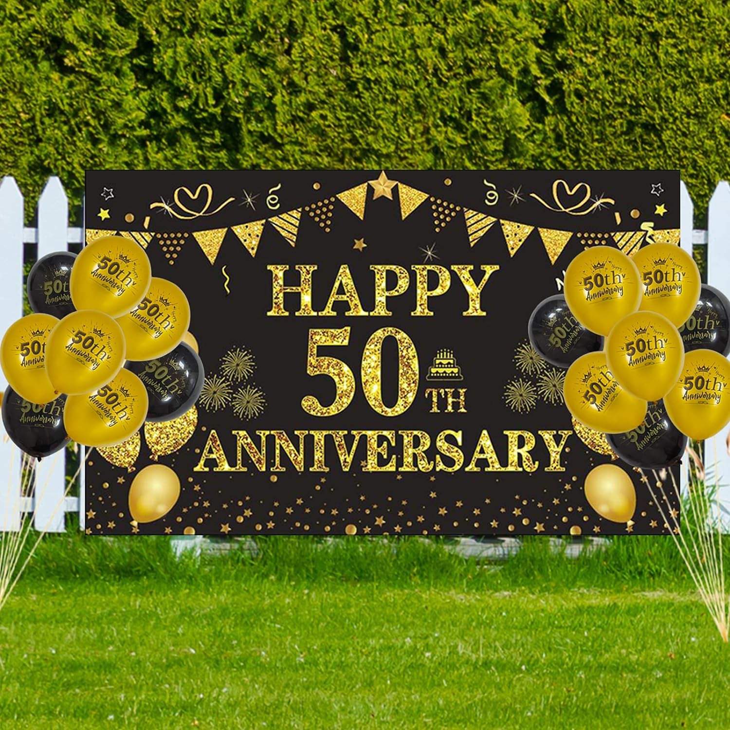 50Th Wedding Anniversary Decorations, Large Happy 50Th Anniversary Banner Backdrop 70 X 43 Inches, Black and Gold Party Balloons, Hanging Swirls for Indoor Outdoor Home Wall Party Supplies