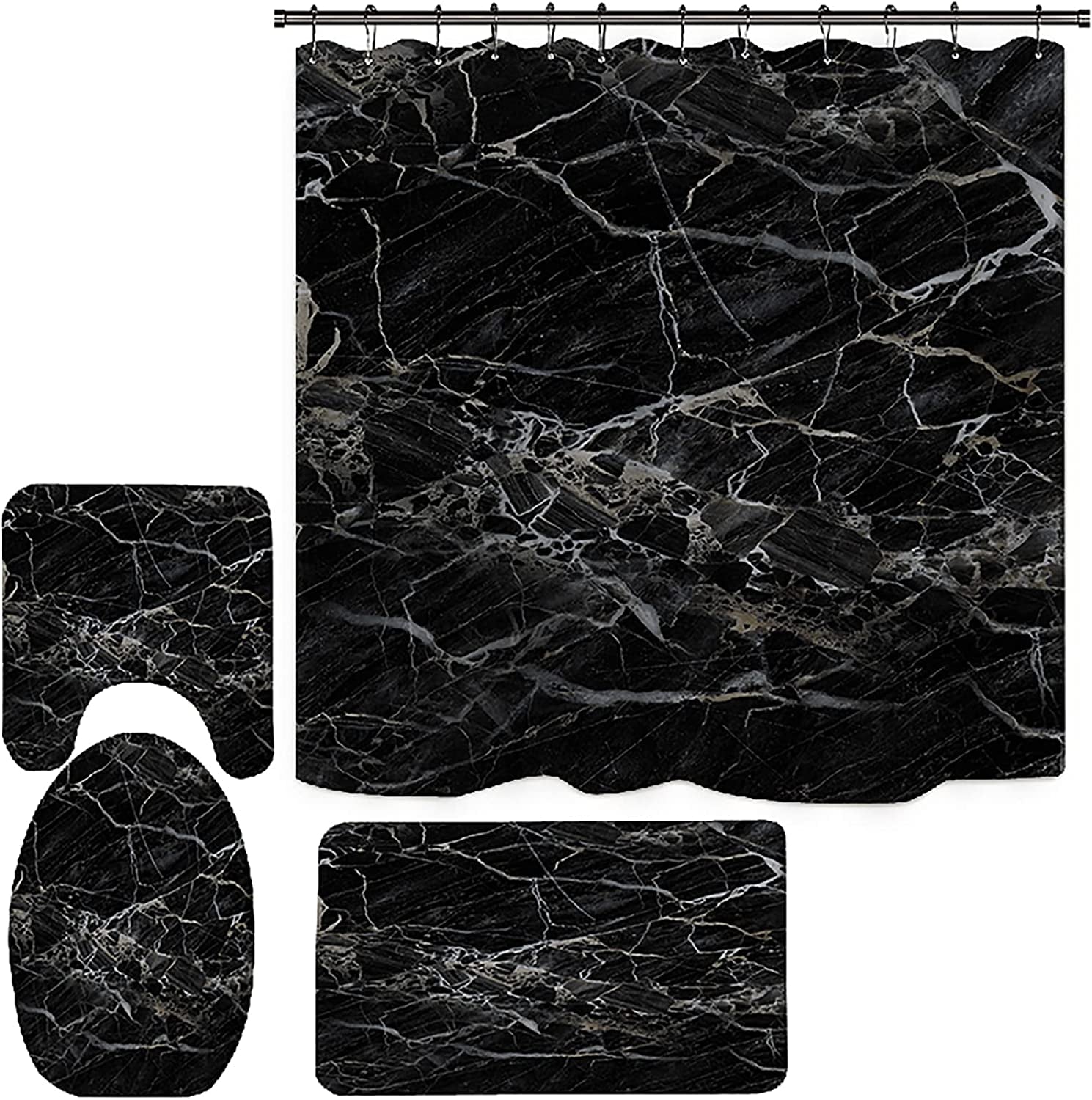 Black Marble Shower Curtain with Bath Rugs Sets, 4 Pcs Gray Marble Patterns Bathroom Décor with Toilet Seat Cover,Soft Mats, Absorbent Pedestal Pads and Shower Curtains + Hooks