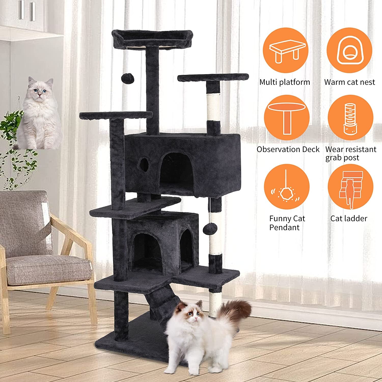 54In Cat Tree Tower for Indoor Cats,Multi-Level Furniture Activity Center with Scratching Posts Stand House Condo Funny Toys Kittens Pet Play House,Dark Gray